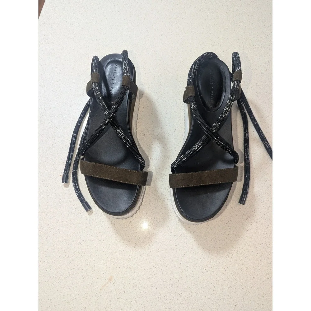 Charles & Keith Olive Brown Rope Lace Up Platform Wedge Sandals‎ Size 38